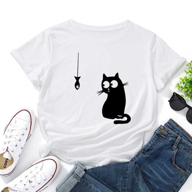 Get A Good Laugh with Funny Cat Shirts in Fish Print | Shop Now White / L