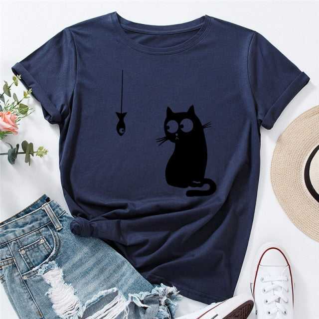 Funny Cat Fish Print T-Shirt