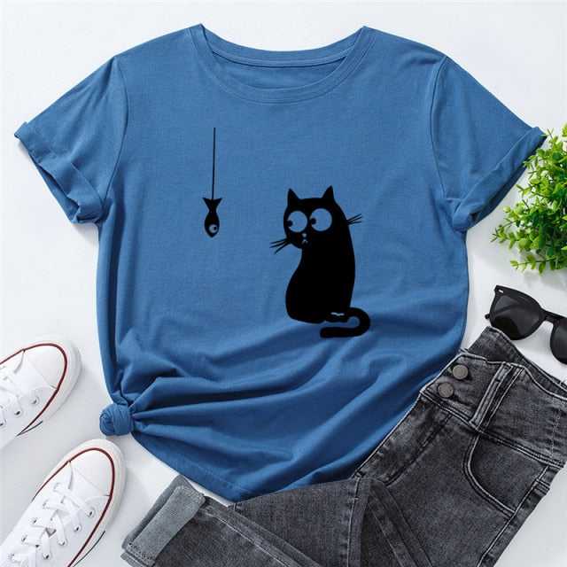 funny cat shirts with fish and cat design in blue