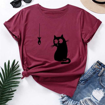cat print shirt in wine red color