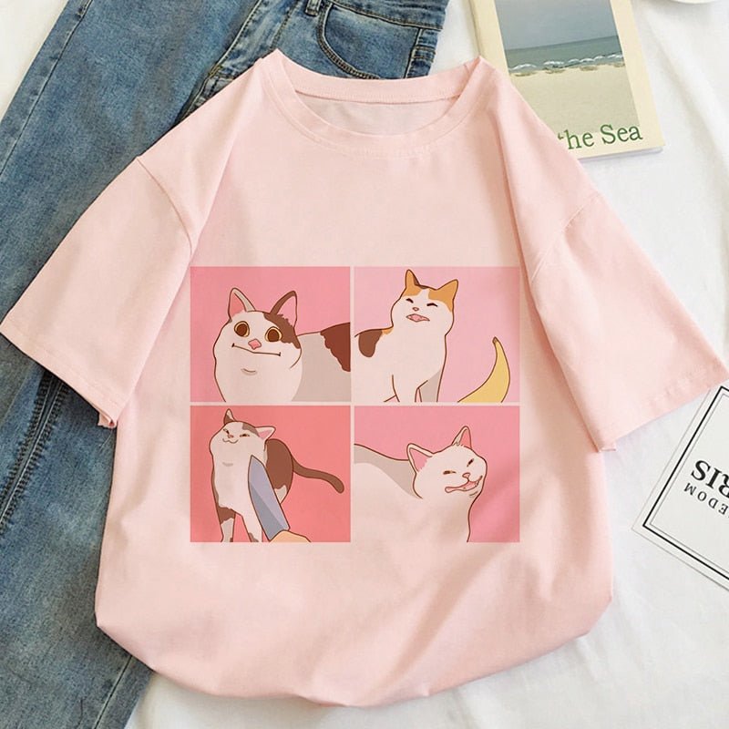 pink color cat print t-shirt with four viral cat memes on it that is so funny and cute
