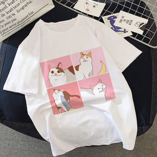 high quality cotton material cat meme t-shirt printed with four hilarious cat memes