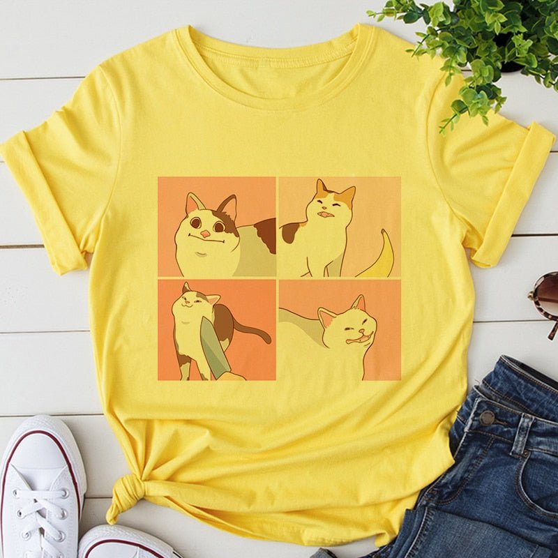yellow cat memes t-shirt printed with four cat memes that is famous on internet