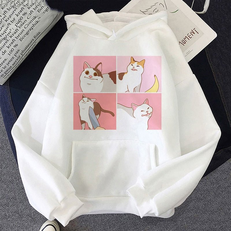 White color cat themed hoodie featuring four funny cat memes and makes peoples day