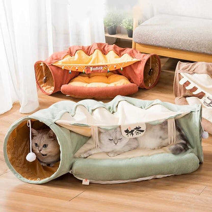 canopy style cat bed that looks a glamping tent which comes with a tunnel for interactive playtime with cats