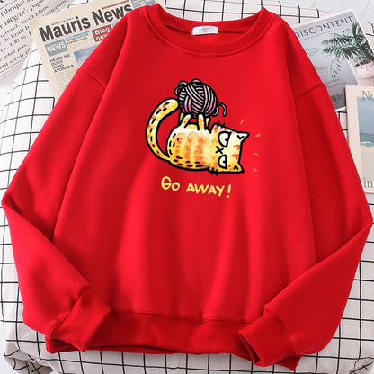 a red color crazy cat lady sweatshirt with a picture of a grumpy cat playing with yarn ball