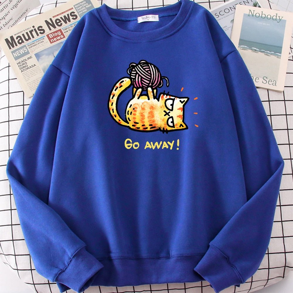 a blue color cute cat sweatshirt with a picture of a grumpy cat playing with yarn ball