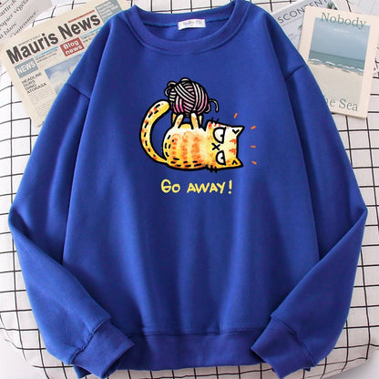 a blue color cute cat sweatshirt with a picture of a grumpy cat playing with yarn ball