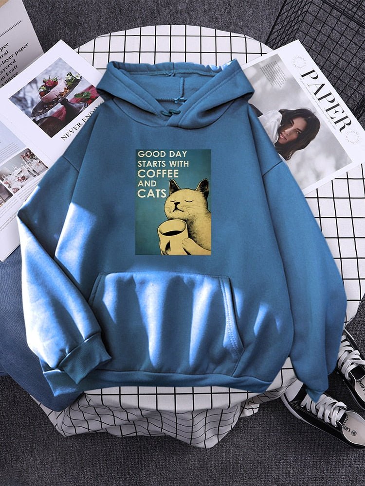 haze blue mens cat hoodie with a picture of a cat and a cup of coffee that looks funny and relatable