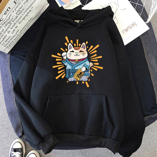 black color mens cat hoodie featuring a lucky cat picture wearing a set of kimono while waving good luck