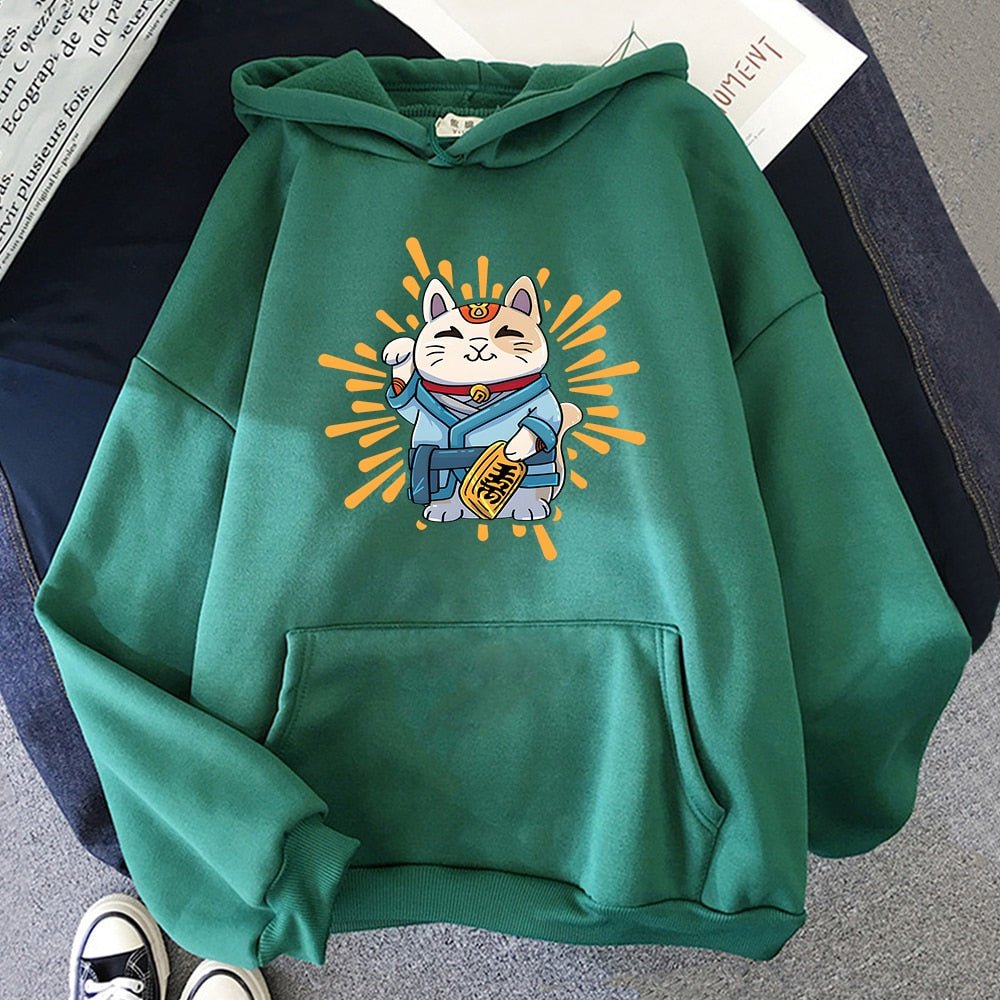green color hoodie featuring a neko cat in a kimono which symbolizes good luck