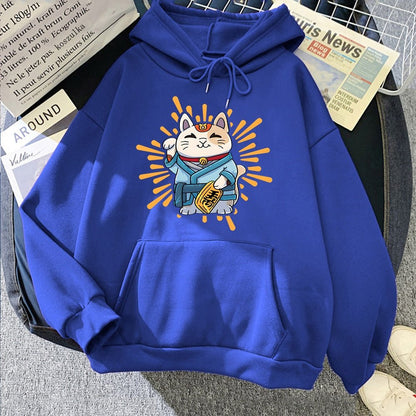 a blue color hoodie with Japanese themed cat wearing a set of kimono with one of its paw up