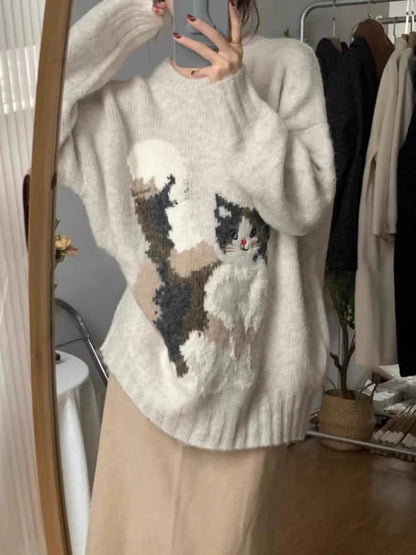 Gray Color Lazy Cat Knit Sweater For Cat Lady