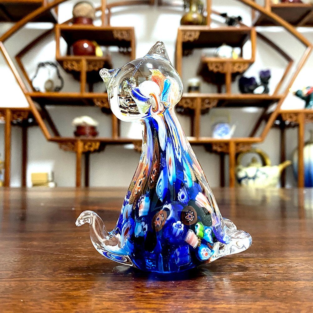 blue cat sculptures for home decor, hand blown with colorful colors glasses
