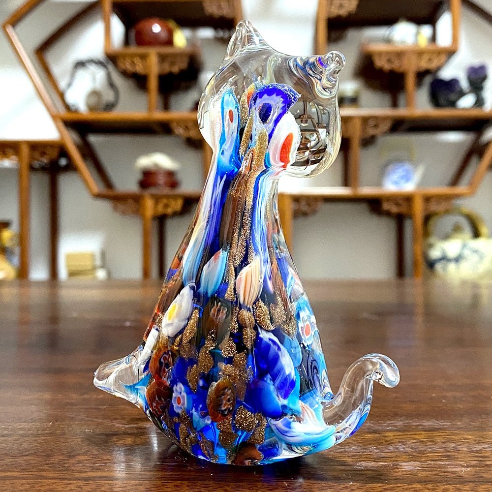 Hand blown colorful glass cat sculpture