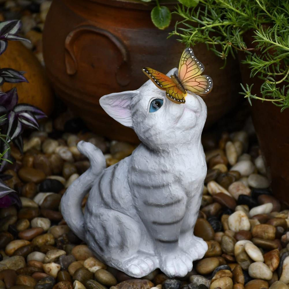 Handmade solar powered LED cat sculpture with butterfly