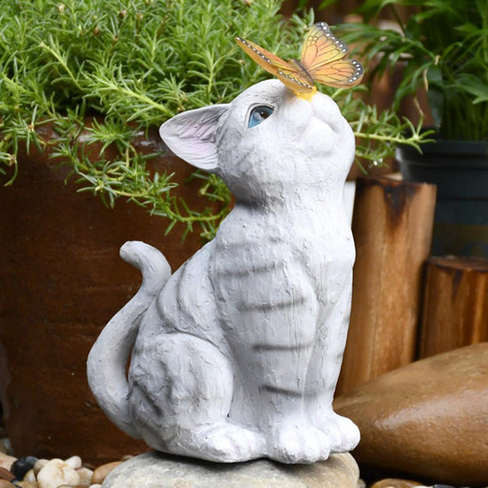 Handmade solar powered LED cat sculpture with butterfly – Meowgicians™