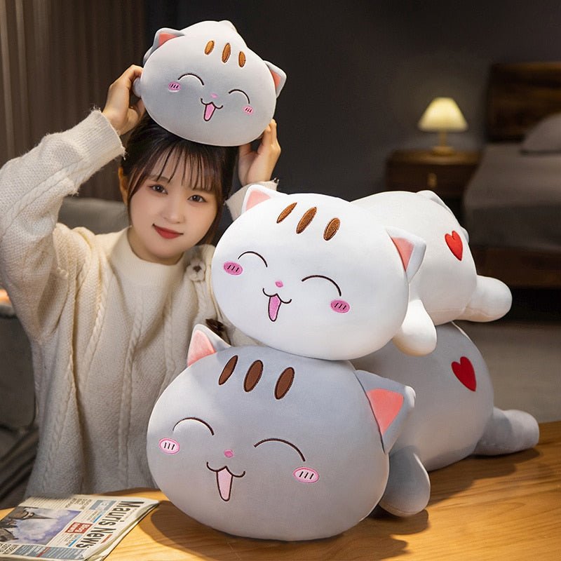 a woman with kawaii cat plushie at home