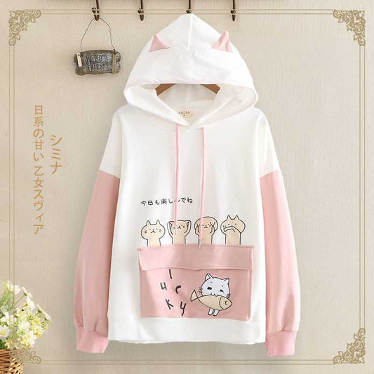 pink and white color cat hoodie made for cat moms with a cute designs of 5 cats and a fish which looks adorable