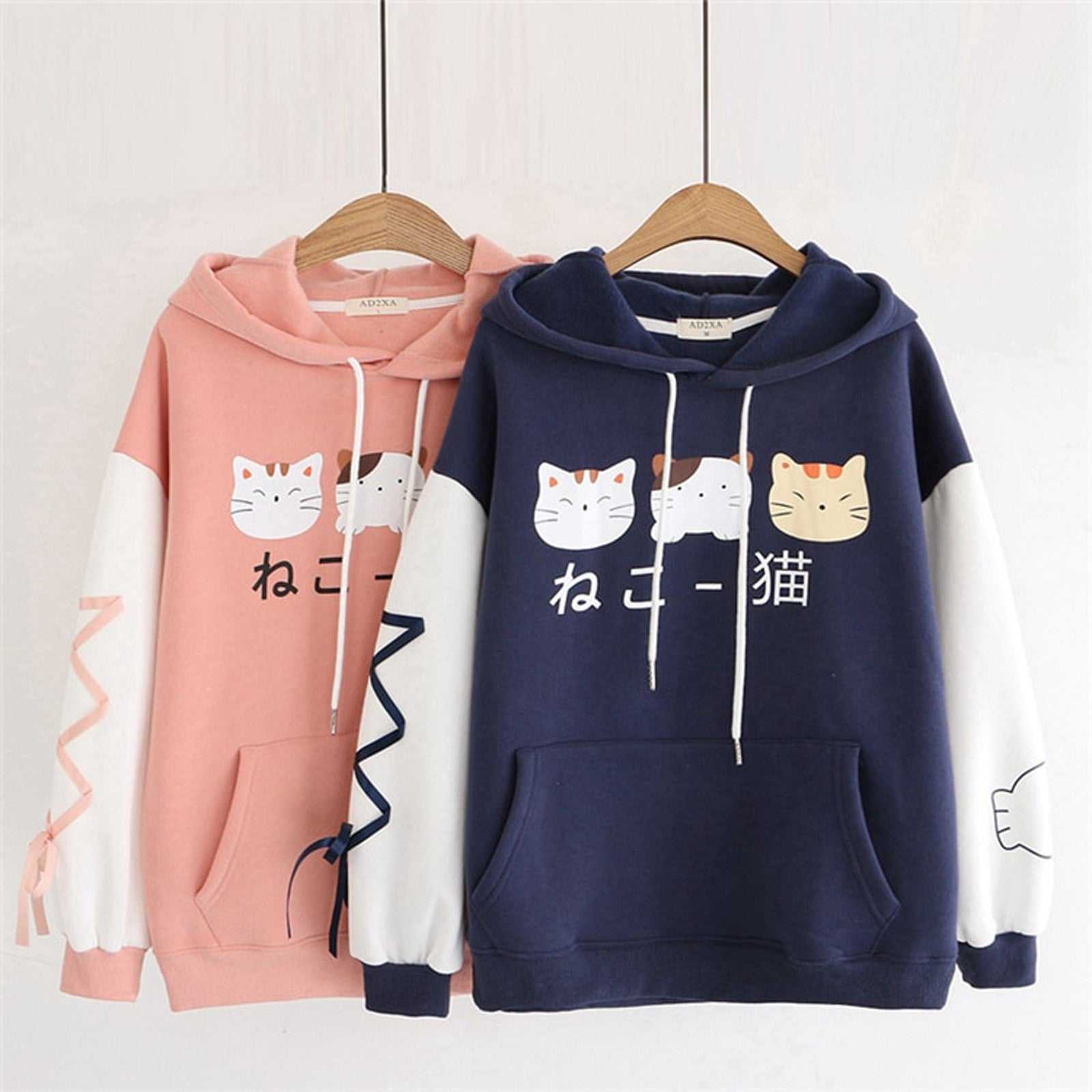 a pair of cat hoodie made for couple in harajuku style with adorable cats design in different breeds on it