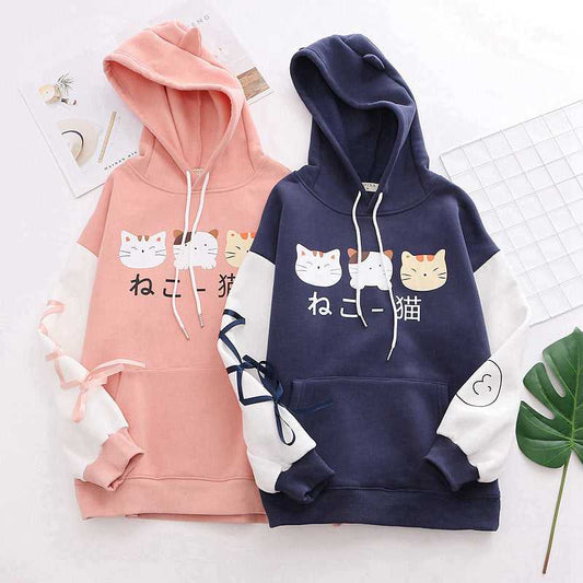 blue and pink color hoodie with cat ears in japanese design with 3 cute cat pictures 