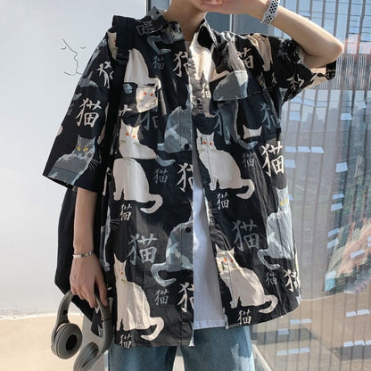Harajuku Style Men's cat shirt with Japanese Kanji