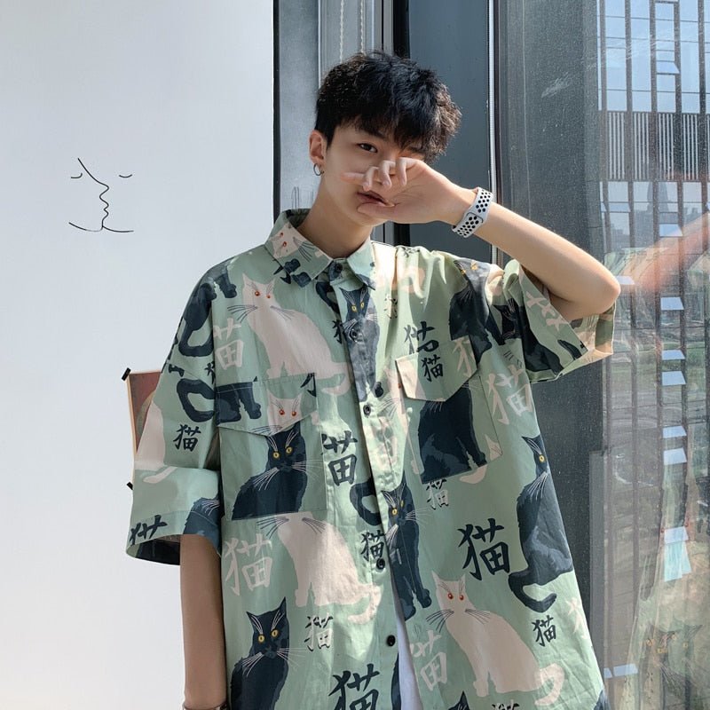 Men's Hawaiian Cat Shirt | Unique Harajuku Design Button-up Shirt ...