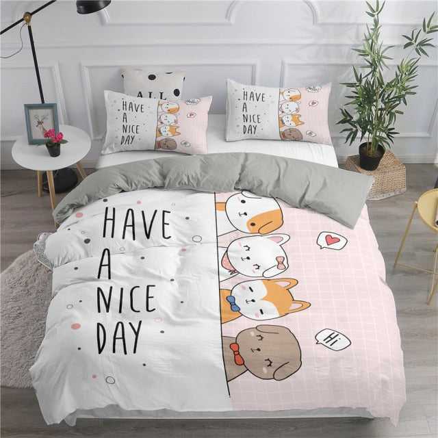 have a nice day pink cartoon cat duvet set in queen size that looks cute and adorable