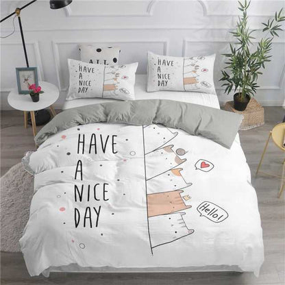white cat comforter for queen size bed with have a nice day quote in white color