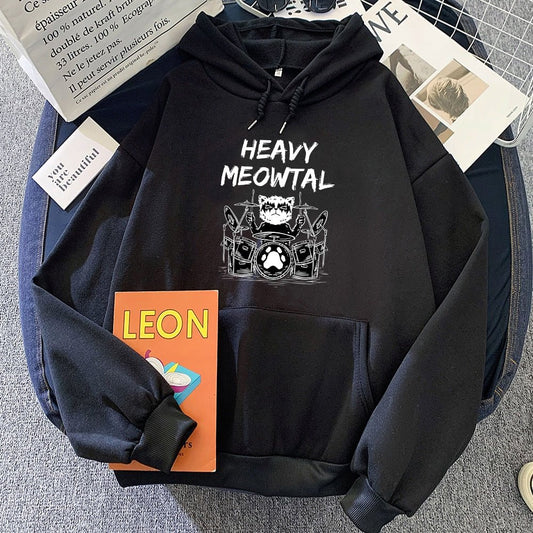black hoodie showing a rocking cat and quoted with words heavy meowtal and it's prefect for cat dad who love heavy metal music