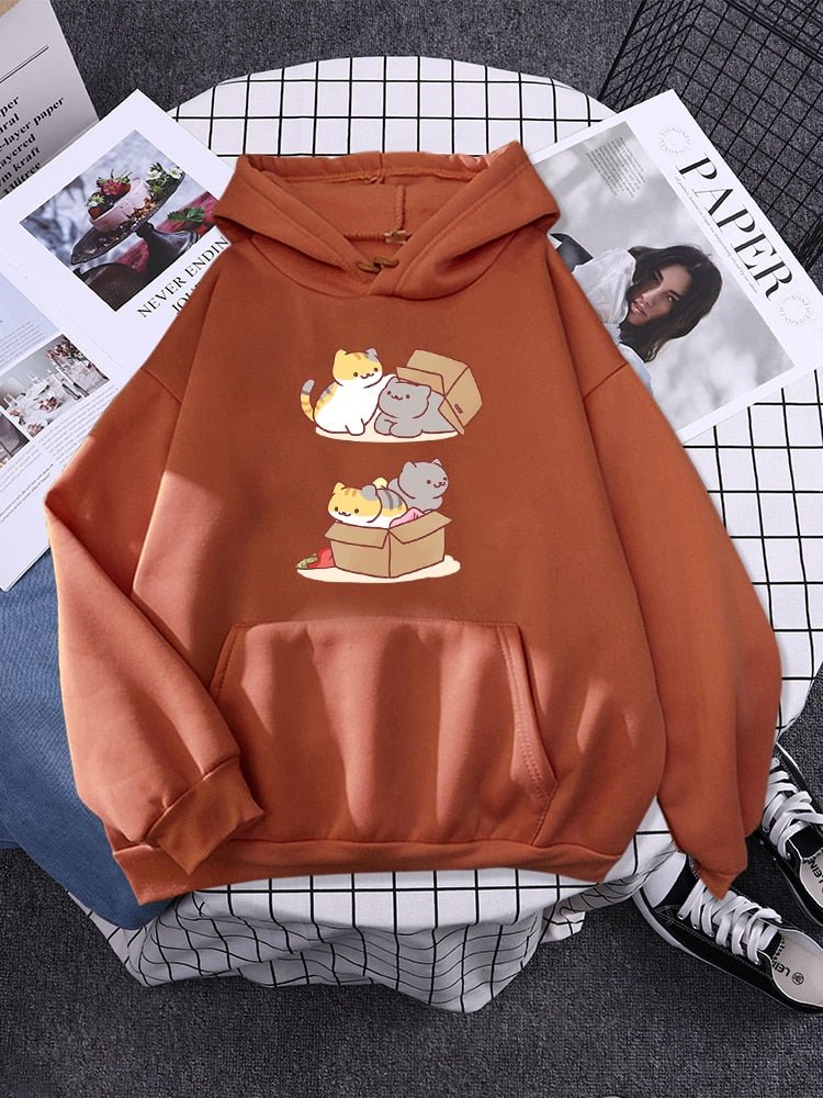 a brown color hoodie with a printed cats playing with a box together