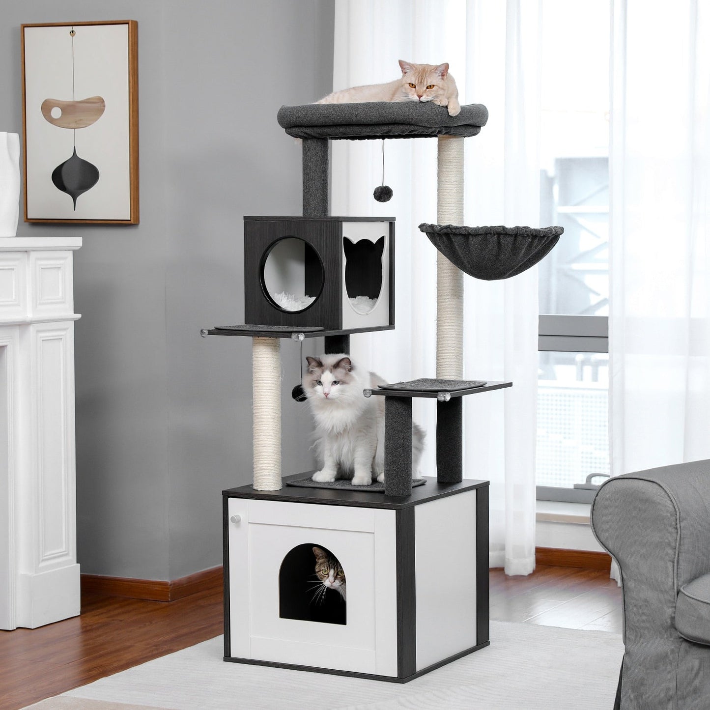 a grey color deluxe cat tree with interactive toys and scratchers