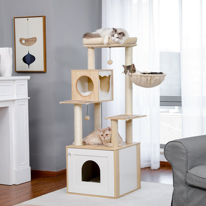 a modern cat tree that can store cat litter in it