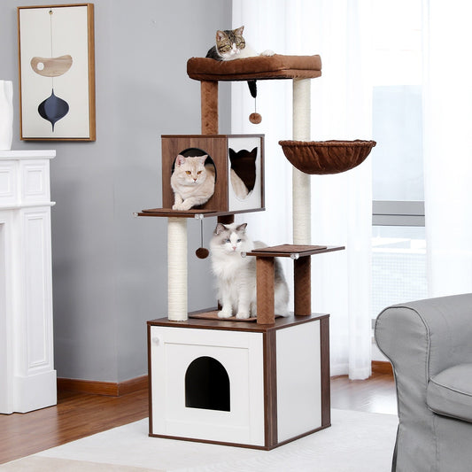 Wooden brown and white cat tree with large cabinets and hanging balls