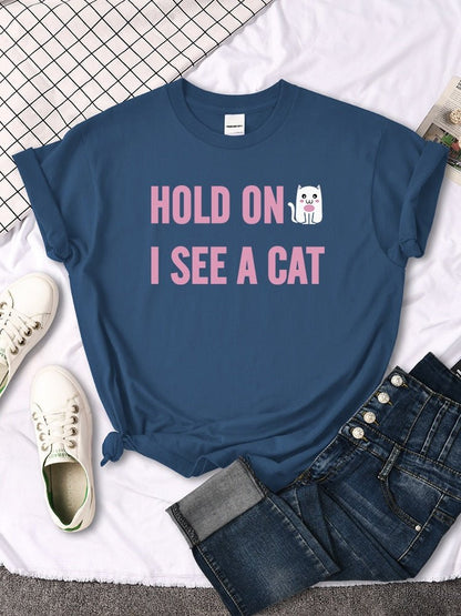 womens navy blue color hold on i see a cat tshirt in high quality