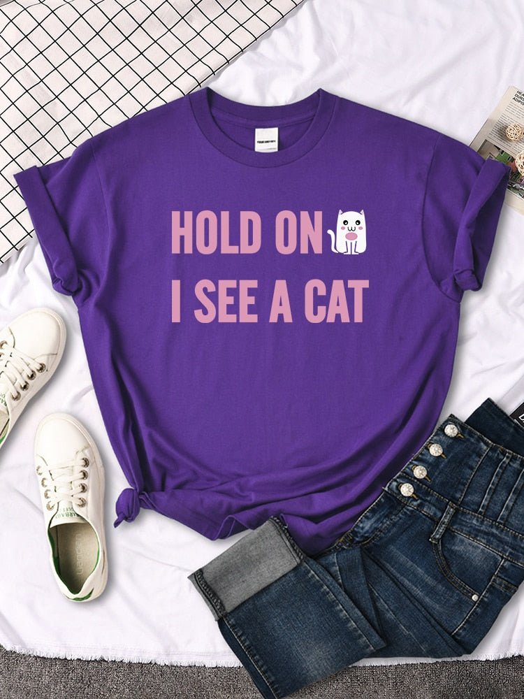 purple color hold on i see a cat t shirt