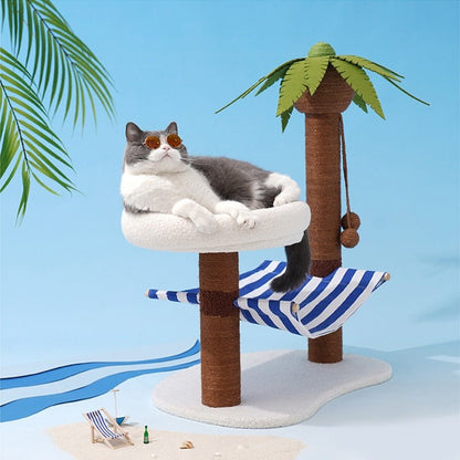 a cat laying on a cat felt bed that comes with a hammock and scrather