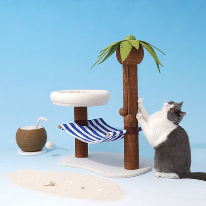 calming cat bed that is made to look like cats are having vacation at the beach