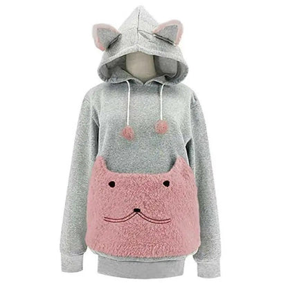 grey and pink color hoodie with cat ears that looks cute made for cat moms
