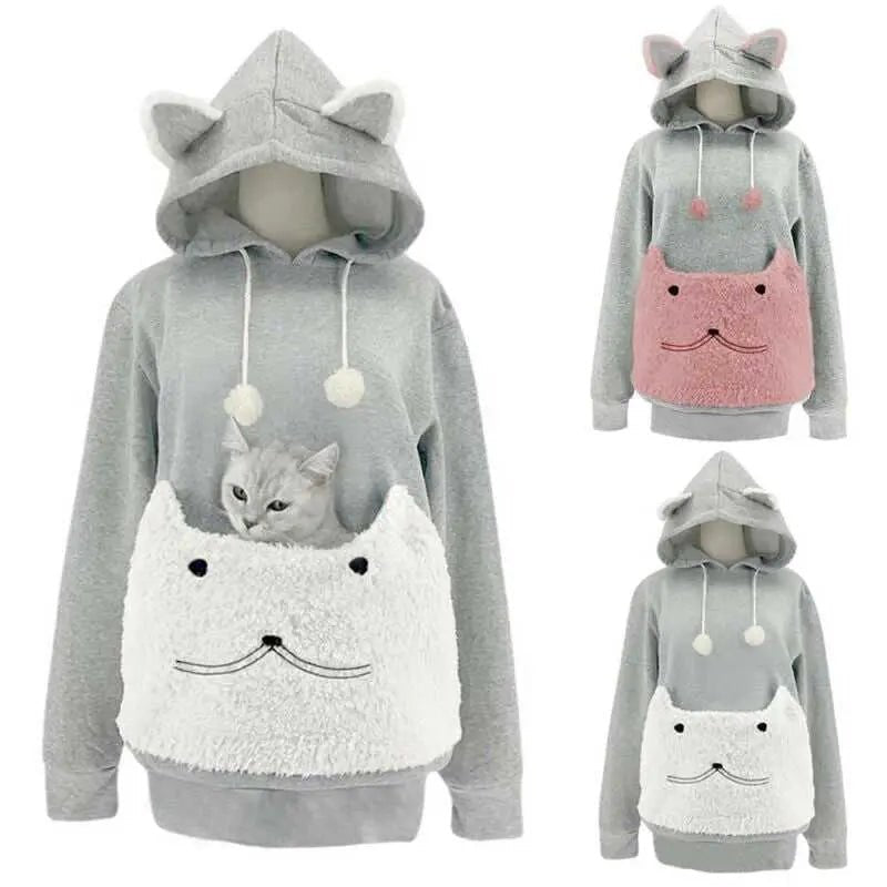 grey color hoodie that comes with a cat pouch to put cats in that looks adorable and functional