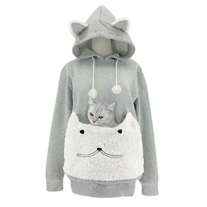 grey color hoodie with cat pouch featuring a cute cat face and ears made for cat lovers