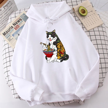 white 'Hot Ramen' Japanese Harajuku Cat Hoodie, showcasing a cool Yakuza cat with tiger tattoo indulging in a bowl of ramen