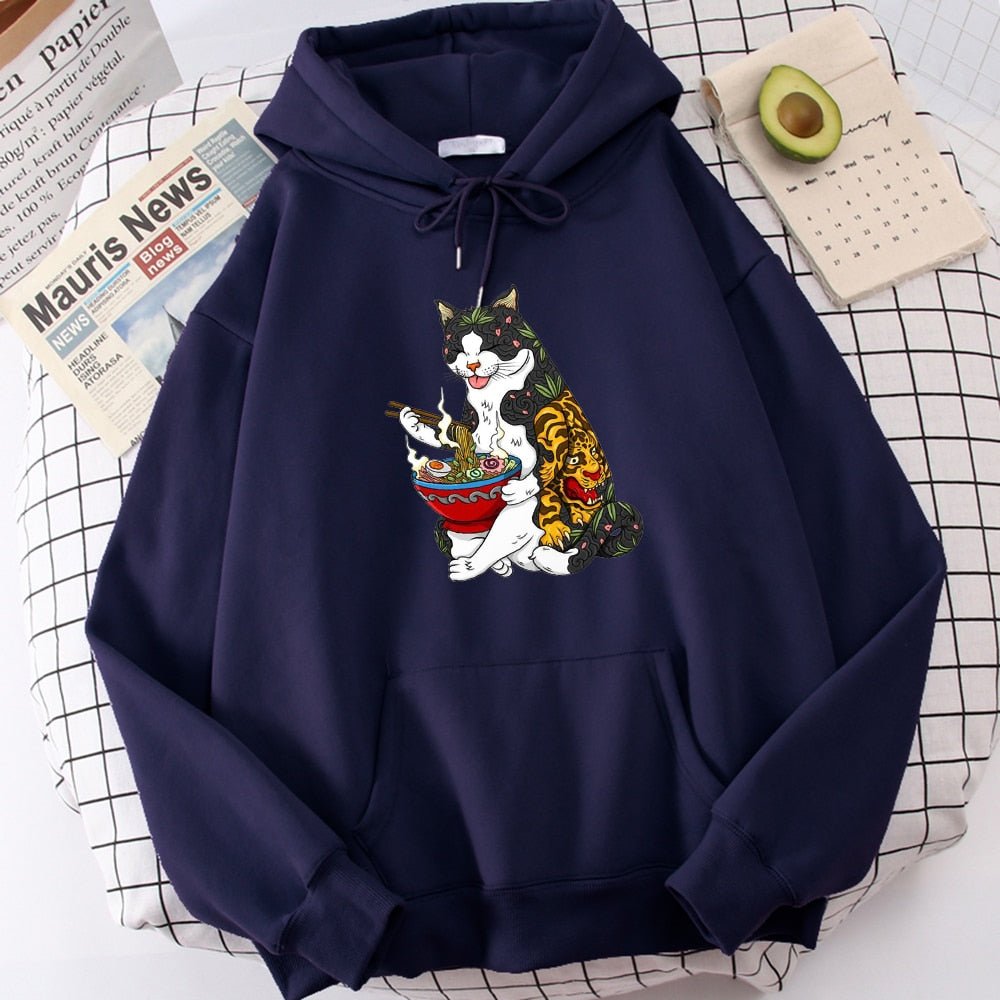 Unisex hoodie in navy blue, featuring a graphic of a Yakuza cat eating hot ramen, from the 'Hot Ramen' Japanese Harajuku Cat Hoodie collection.