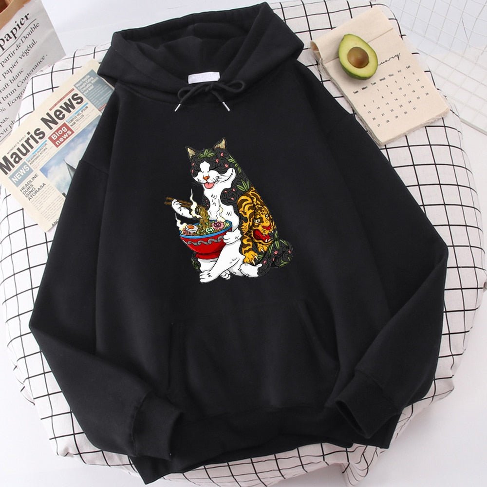 black cat gangster hoodie made from cotton with a picture of a cat with tattoo eating instant noodle