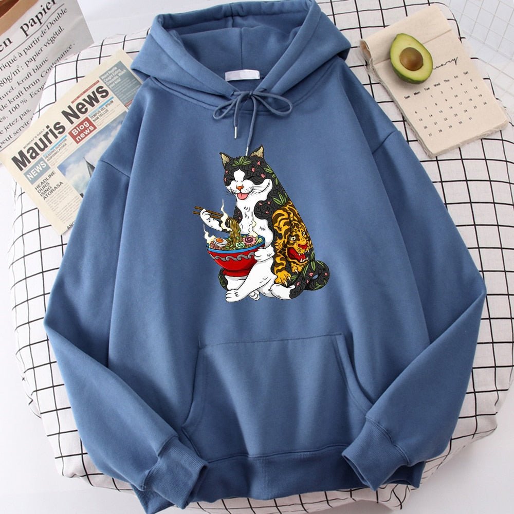 haze blue mens cat hoodie featuring a cat with gangster tattoo having a bowl of ramen that looks stylish on casual days