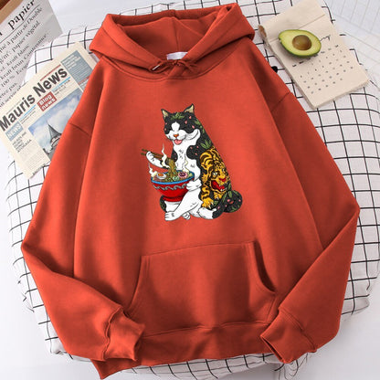 brick red hoodie with printed cartoon cat with tattoos eating ramen using chopstick that looks cool