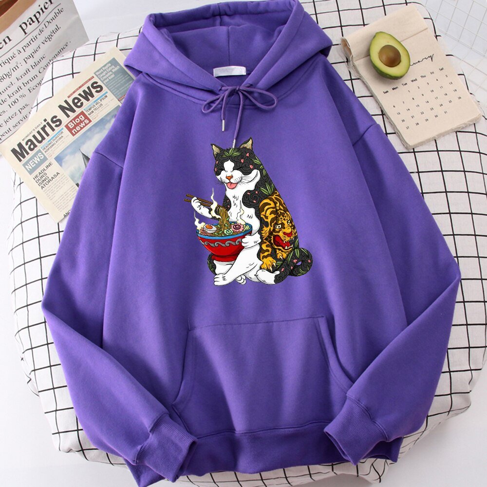 High-quality fabric hoodie in purple, adorned with a unique Yakuza cat design enjoying a bowl of hot ramen