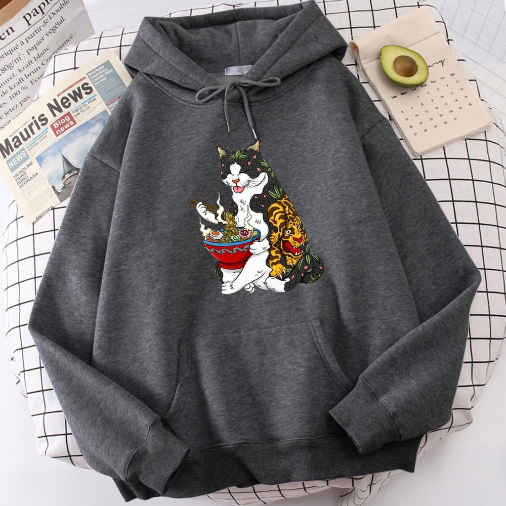 dark grey hoodie featuring a yakuza cat eating ramen 