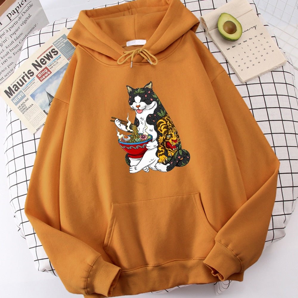 brown cat hoodie with printed cat and ramen cartoon picture in japanese style