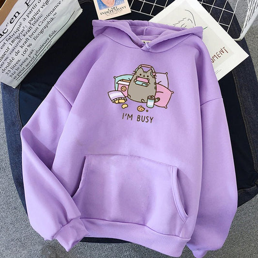 purple color stylish hoodie featuring a pusheen cat that looks really adorable with quote i am busy